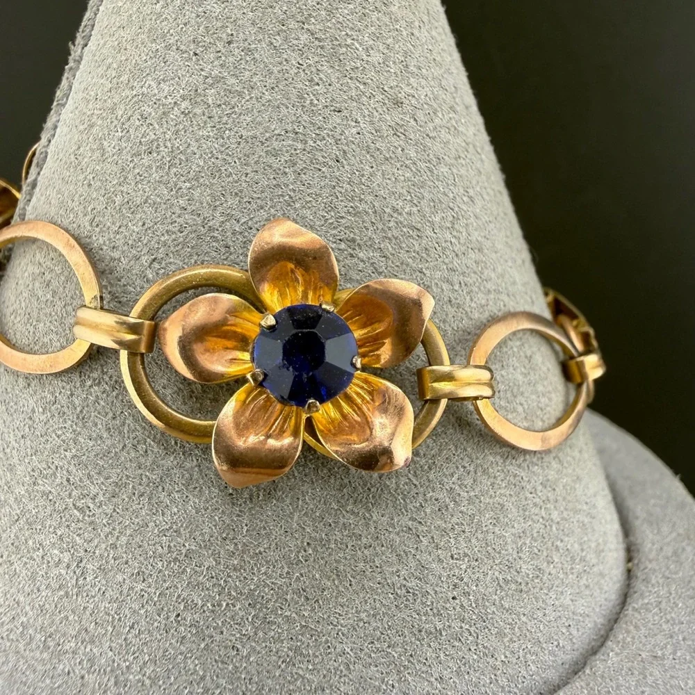 Vintage Van Dell Bracelet Gold Filled Blue Stone Floral Link 7 READ
